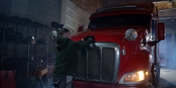 Mechanic working on a Class 8 semi truck engine in a garage