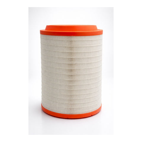 Steinberg's cylindrical air filter with orange top and bottom on a white background