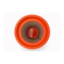 Orange air filter showing its mesh component. Photo taken from above, on a white background.