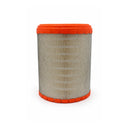 Cylindrical air filter with orange top and bottom on a white background