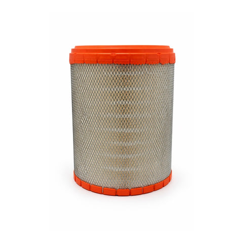 Cylindrical air filter with orange top and bottom on a white background