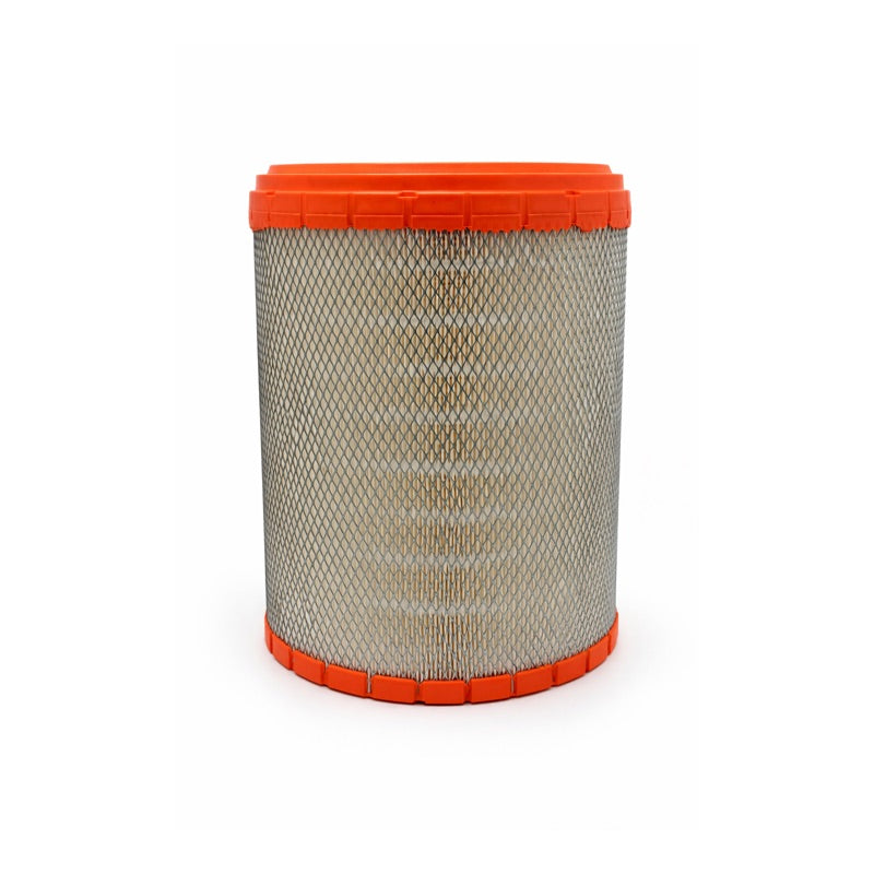 Cylindrical air filter with orange top and bottom on a white background