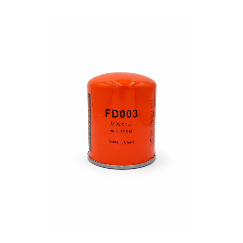 Orange air dryer filter with 'FD003' marking on a white background