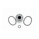 Fuel filter and three O-rings on a white background
