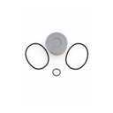 Truck fuel filter and three O-rings, on a white background, captured from above