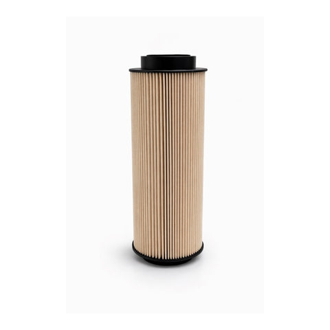 Fuel filter with black top and beige pleated design on a white background