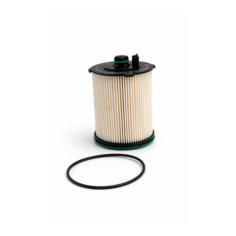 Truck fuel filter with a black O-ring on a white background
