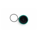 Fuel filter with a green gasket, along with a rubber O-ring, displayed on a white background - image captured from above.