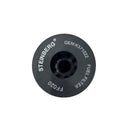 Black fuel filter with white branding on a white background, captured from above
